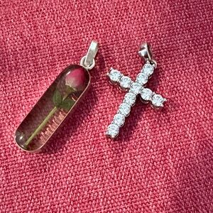 Sterling Silver:  Rose Pendant and Cubic Zirconia Cross Charm - Pink & Silver